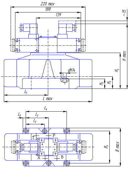 Габаритные и присоединительные размеры гидрораспределителей с электрогидравлическим управлнием 1Р203 Л